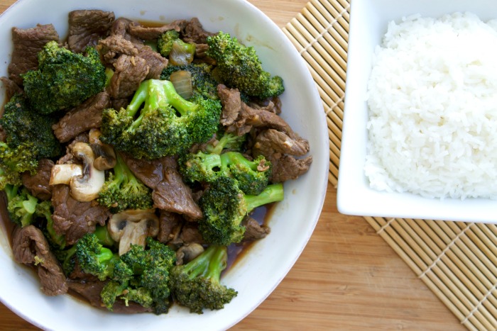 Picture of Broccoli and Cooked beef with rice. 